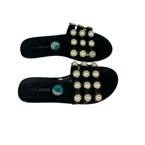 Steve Madden Size 8 Black Jelly Slide Sandals with White Pearl Accents - Picture 2 of 7